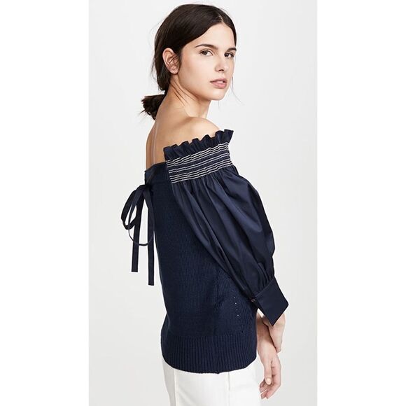 Adeam Womens Off Shoulder Smocking Sweater Navy Blue Cotton Size Extra Small - Picture 1 of 13